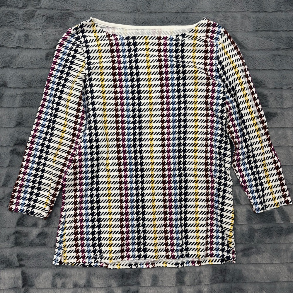 Talbots Petite Multi Color Houndstooth Plaid Boatneck Top SP 3/4 Sleeve Cotton